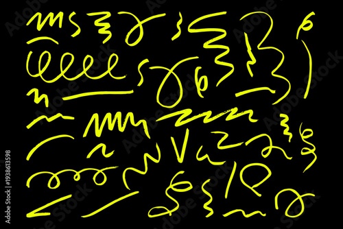 Hand drawn marker highlighters Doodle collection underline, lines, sketch Handwritten notes for text Yellow doodle elements collection Rough brush strokes on isolated black background Childish drawn