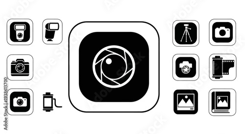 Photography Icons Set: Camera, Flash, Tripod, Film Roll, Photo Album
