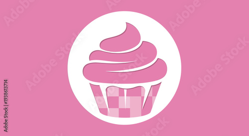 Pink Cupcake Icon in Circle on Pastel Background - Sweet Treat Vector Graphic