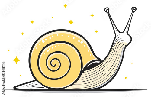 Cartoon Snail with Yellow Shell and Shining Stars Illustration, Vector Graphics