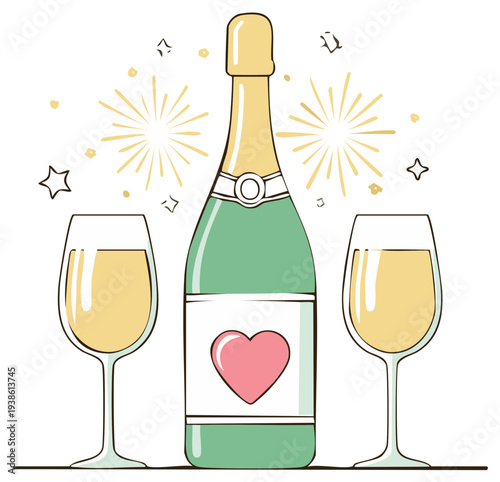 Festive champagne bottle and two glasses with heart for romantic toast