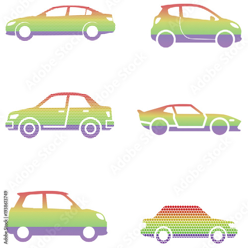 Colorful Halftone 3D Effect Sedan Car Collection Minimal Vector Icon Set.
