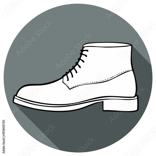 Classic Black Leather Lace Up Boot with Long Shadow on Gray Circle Background