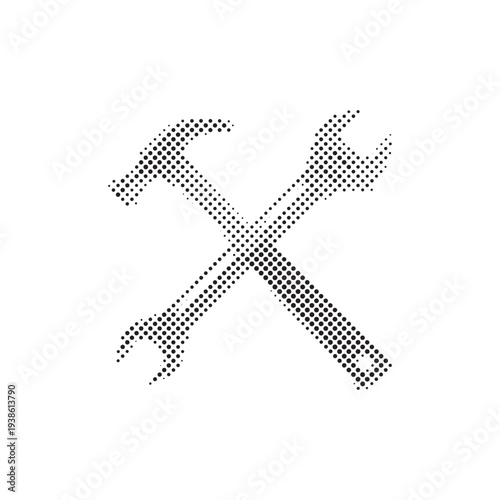 Black and White Halftone Dotted Crossed Hammer and Wrench Tools Icon