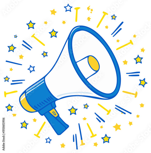 A blue and yellow megaphone surrounded by stars and sound waves announces something exciting