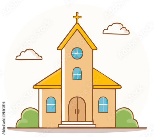 Cute cartoon church illustration featuring a golden cross on its steeple, arched and round windows, and green bushes beneath clouds
