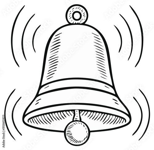 Outlined illustration of a ringing bell with sound waves, drawing