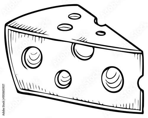 Black and white illustration of a Swiss cheese wedge with several holes in it.