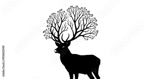 Silhouette of a Stag with Tree Antlers on White Background