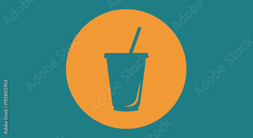 Silhouette of a Drink Cup with Straw in Orange Circle on Teal Background