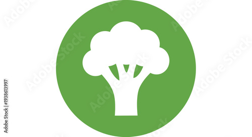 Simple broccoli icon on green circle background, healthy food symbol