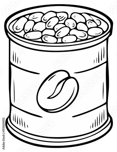 Cartoon illustration of a tin can filled with beans and a coffee bean label