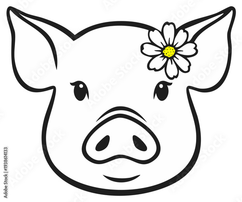 Cute Pig Face with Flower Illustration