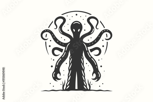 Mysterious Alien Humanoid Silhouette with Tentacles Against Starlit Sky