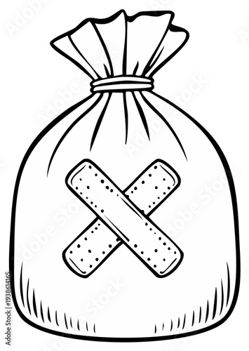 Cartoon illustration of a patched sack or bag with bandages in a hand drawn style suggesting injury or fragility