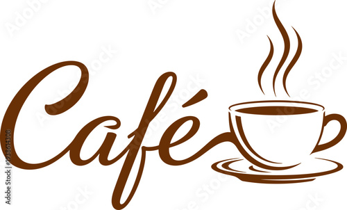 Elegant calligraphy cafe logo with steaming coffee cup and saucer icon on transparent grid