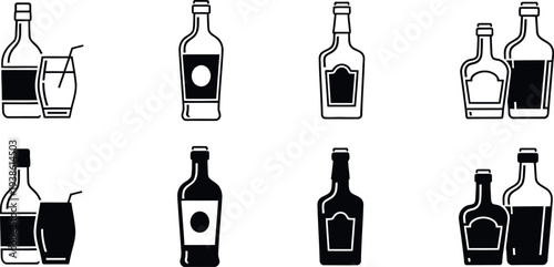 Icon set of various alcohol bottles and glasses in black and white