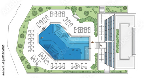 Aerial view of a modern swimming pool and building complex.