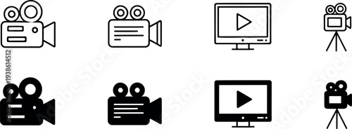 Icon set film camera video camera and play button icons for media and entertainment