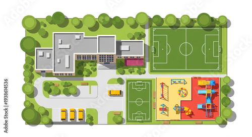 Aerial view of a school campus with sports facilities and playground.