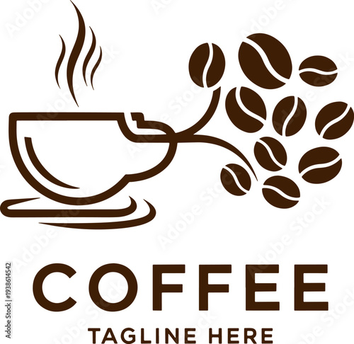 Minimalist coffee cup outline with floating beans and tagline placeholder for cafe brand