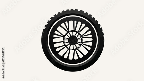 A black and white illustration of a motorcycle tire, showcasing the rim and tread detail
