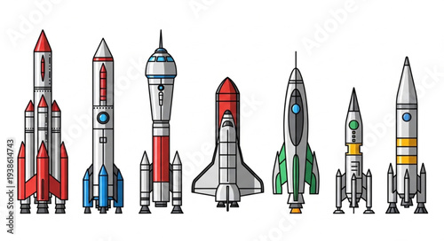 Collection of various rockets and spacecraft in a line.