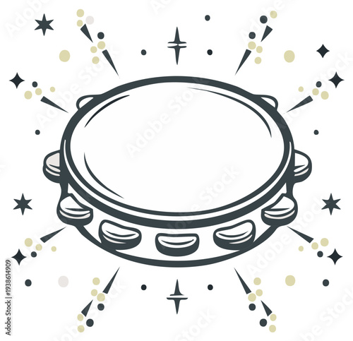 Festive Tambourine with Bursting Stars and Confetti Illustration
