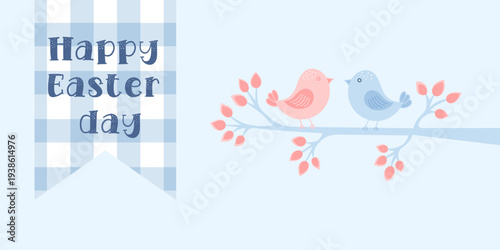 Two cute birds sitting on tree branch with leaves. Easter greeting card illustration with blue gingham banner and text. Spring season celebration and holiday festival decorative design.