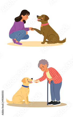 Set de mujeres entrenando a sus perros. Joven enseñando a su perro a dar la pata y mujer de la tercera edad dando un premio a su mascota, ilustración vectorial