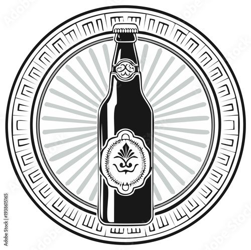Beer bottle silhouette within a circular ornate design