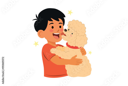 niño feliz abrazando y cargando a su perro caniche, ilustración vectorial