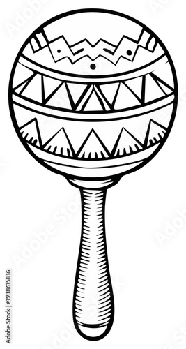 Maraca Hand Drawn Percussion Instrument with Geometric Patterns Vintage Style