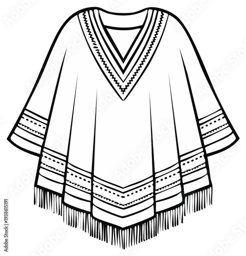 Traditional Mexican Serape Poncho with Fringe and Geometric Patterns