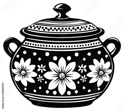Decorative Black and White Floral Ceramic Pot with Handles and Lid