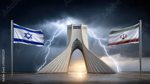 Azadi Tower standing between the national flags of Israel and Iran, with intense lightning and ominous storm clouds depicting escalating tensions and rivalry in the Middle East