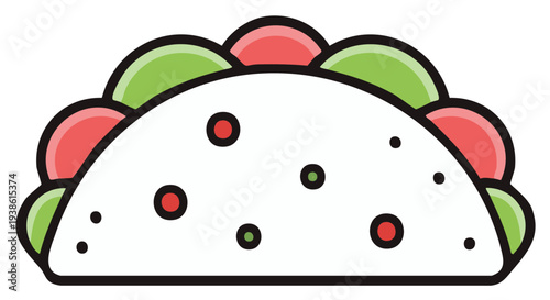 Simple cartoon taco illustration with colorful red and green filling, flat design icon of traditional Mexican street food cuisine