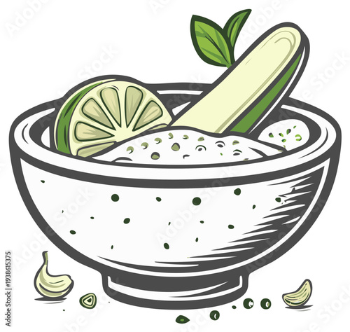 Lime and Garlic in Mortar and Pestle Bowl Cartoon Illustration