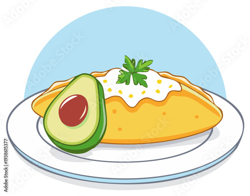 Delicious illustrated taco with avocado and sour cream garnish on a plate