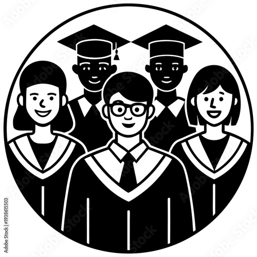 Four graduating students diverse in appearance pose together in black and white