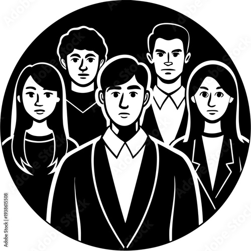 A group of five young adults are depicted in a striking black and white portrait