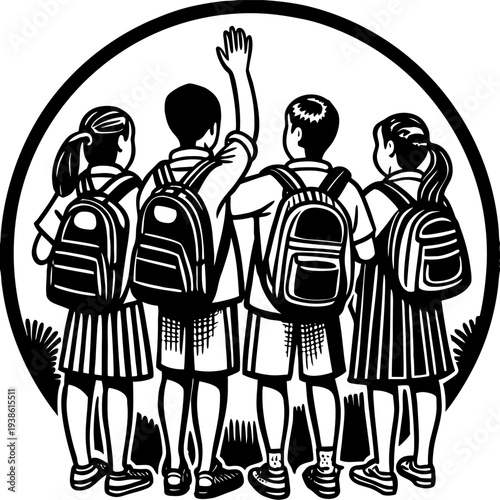 Four students with backpacks stand together one raising their hand in a circle