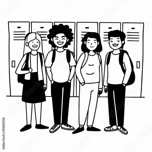 A group of four students with backpacks stand in front of school lockers