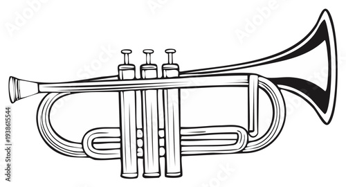 Linear illustration of a trumpet. Hand-drawn wind musical instrument. Outline vector drawing, monochrome contour.
