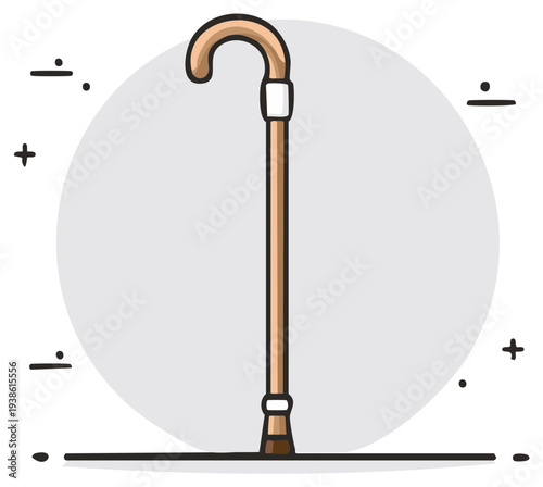 Illustration of a wooden walking cane on a neutral background.
