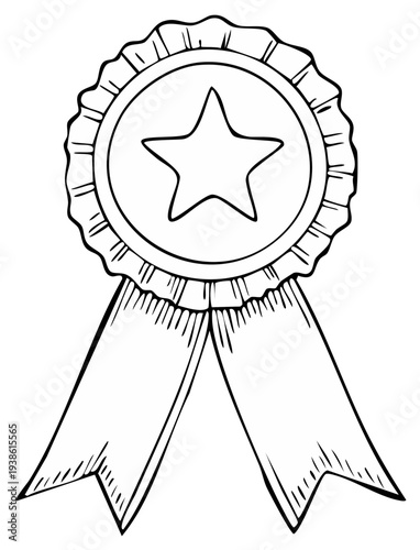 Hand drawn sketch of prize ribbon rosette with star for recognition and achievement