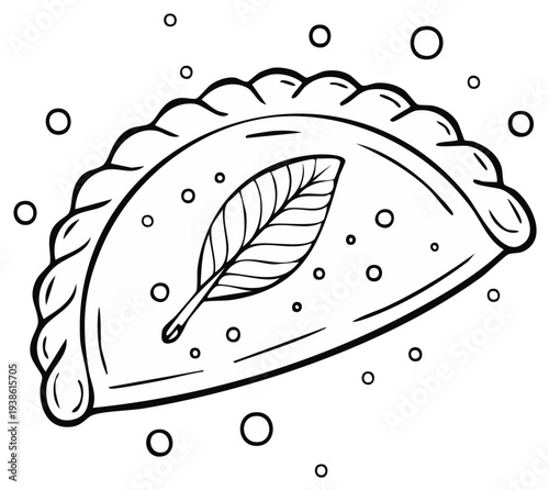 Hand-drawn illustration of a delicious empanada with feather detail and celebratory bubbles
