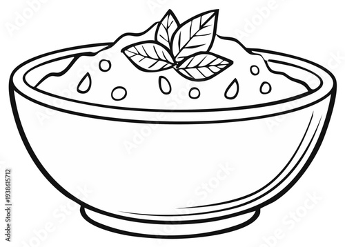 Line art illustration of a rustic bowl filled with delicious hummus and garnished with fresh mint leaves