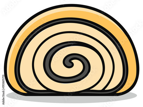 Stylized cartoon illustration of a Swiss roll dessert with cream filling and chocolate swirl