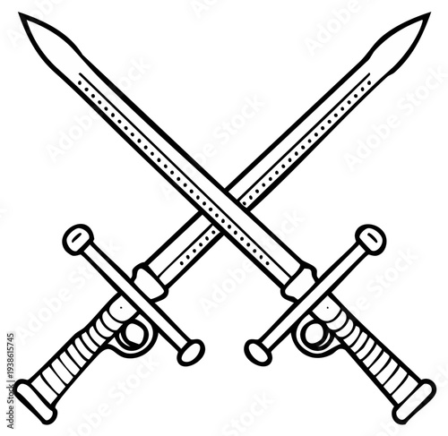 Crossed swords illustration, two medieval weapons, isolated, battle concept